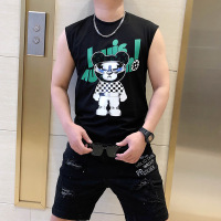 男士无袖T恤修身小熊印花烫钻坎肩欧货潮流帅气丝光棉背心男薄款