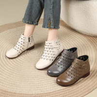 2026春夏款头层牛皮复古镂空女靴软底舒适镂空透气粗跟妈妈鞋凉靴