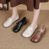 头层牛皮单鞋圆头粗跟妈妈鞋2026春秋季复古女鞋软底舒适四季鞋