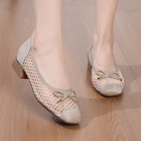 小香风低跟单鞋女2026春夏新款气质圆头蝴蝶结浅口镂空透气妈妈鞋