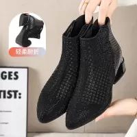 烫钻网纱凉靴2026新款女镂空洞洞凉靴复古粗跟凉鞋中跟时尚女靴