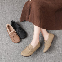 真皮牛筋底棉鞋女25秋冬季豆豆鞋女加绒保暖休闲平底45大码乐福鞋