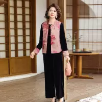 2026年女士简约妈妈两件套时尚马甲印花款中老年春装洋气中年古风