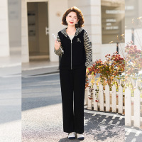 中老年女士休闲两件套套装妈妈装拼接条纹款衣服中年休闲运动服女