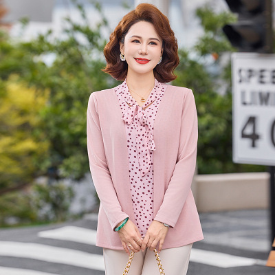 新款妈妈装假两件小衫女装中老年人洋气拼接款针织上衣女40-60岁
