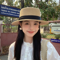 夏季法式平顶草帽草编礼帽大檐太阳帽海边度假遮阳帽新款防晒帽子