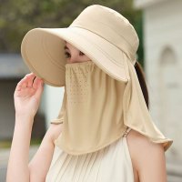 新款大檐遮阳帽子女士冰丝遮脸披肩渔夫帽户外防紫外线面纱采茶帽