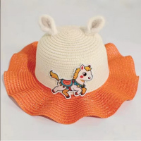 2026夏季新款福马儿童草帽女童粉色立体耳朵防晒帽卡通草编遮阳帽