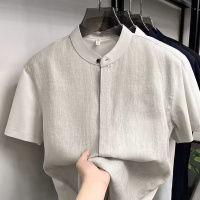 100%亚麻短袖衬衫男2026夏季新款中年爸爸装立领休闲透气男士衬衫