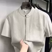 100%亚麻短袖衬衫男2026夏季新款中年爸爸装立领休闲透气男士衬衫