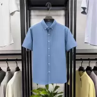 100%纯棉短袖衬衫男2026夏季新款纯色翻领透气简约休闲男士衬衫