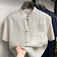 新中式100%亚麻短袖衬衫男2026夏季中年立领盘扣透气休闲男士衬衫