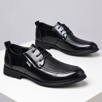 夏季系带牛皮镂空商务休闲鞋系带真皮正装潮流男士上班工作鞋