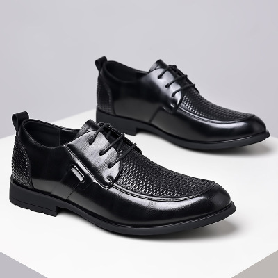 夏季系带牛皮镂空商务休闲鞋系带真皮正装潮流男士上班工作鞋