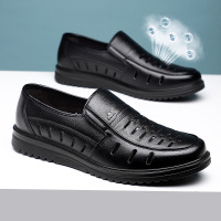 夏季凉皮鞋男透气中老年男士牛皮凉鞋打孔镂空防滑商务正装洞洞鞋