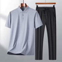男士新款夏季清凉冰丝运动长裤薄款透气休闲舒适套装短袖T恤