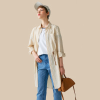 云上生活春秋装简约文艺韩版中长款条纹抽带收腰连衣裙