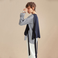 云上生活春款简约文艺圆领条纹假两件喇叭袖女式衬衫