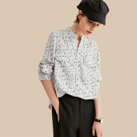 云上生活春秋款简约文艺长袖小圆领印花女式衬衫