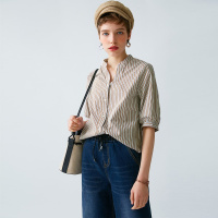 云上生活春夏简约文艺韩版条纹复古五分袖女式衬衫