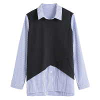 云上生活春款简约文艺假两件条纹拼接长袖女式衬衫