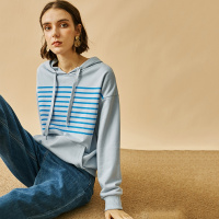 云上生活春装简约文艺韩版连帽条纹女式卫衣
