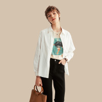 云上生活 本白色长袖衬衫女设计感小众韩版纯棉简约撞色衬衣