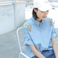 云上生活2020简约文艺纯色短袖镂空衬衫
