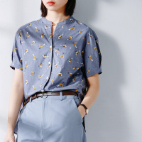 云上生活2020夏简约文艺小鸟图案短袖立领衬衫女纯棉衬衣