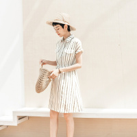 云上生活2020简约文艺条纹小清新衬衫连衣裙