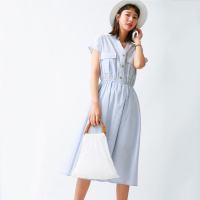云上生活2020夏简约文艺韩版中长款条纹V领短袖连衣裙