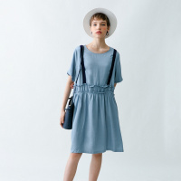 云上生活2020夏简约文艺中长款撞色收腰短袖连衣裙