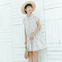 云上生活2020夏简约文艺小清新碎花立领短袖连衣裙