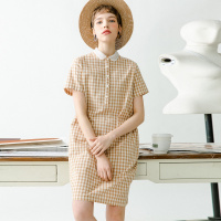 云上生活2020夏装简约文艺中长款格子气质短袖连衣裙