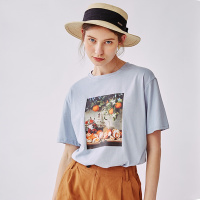 雲上生活2020夏简约文艺圆领印花短袖套头女式T恤