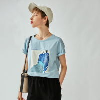 云上生活夏季装简约文艺韩版印花圆领短袖套头女式T恤