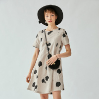 云上生活夏简约文艺中长款印花短袖气质棉麻连衣裙