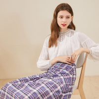 三彩2020春季新款高腰不规则a字裙中格子裙格纹丝棉半身裙