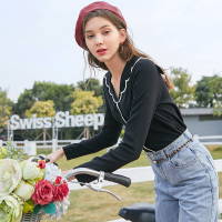 三彩2020春季新款波浪花边直筒短款长袖针织衫毛衫