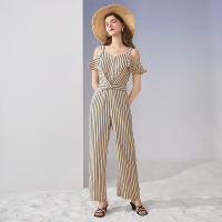 三彩2020年夏季新款V领荷叶边露肩吊带阔腿长裤小众连体裤