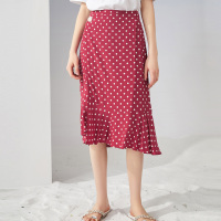 三彩2020夏季新款高腰波点印花荷叶边红色半身裙A字裙中