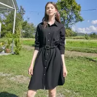 三彩2020春季新款高冷御姐风小黑裙赫本风长袖衬衫裙连衣裙秋冬