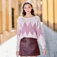 三彩冬季新款仿貂毛针织衫花纱长袖毛衣圆领保暖毛衫