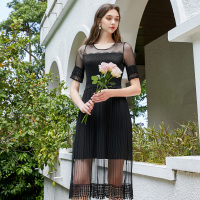 三彩2020夏季新款圆领法式显瘦高腰蕾丝网纱连衣裙礼服裙