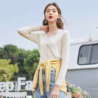 三彩2020春季新款V领短款长袖针织衫开衫毛衫