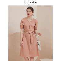 伊布都ibudu2020夏季新款V领腰带灯笼袖连衣裙