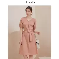 伊布都ibudu2020夏季新款V领腰带灯笼袖连衣裙