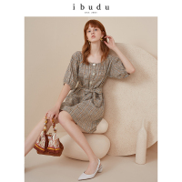 伊布都ibudu2020夏季新款圆领灯笼袖棉麻腰带格子裙连衣裙