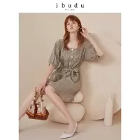 伊布都ibudu2020夏季新款圆领灯笼袖棉麻腰带格子裙连衣裙