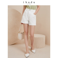 伊布都ibudu2020夏季新款弹力松紧腰毛边牛仔短裤热裤
